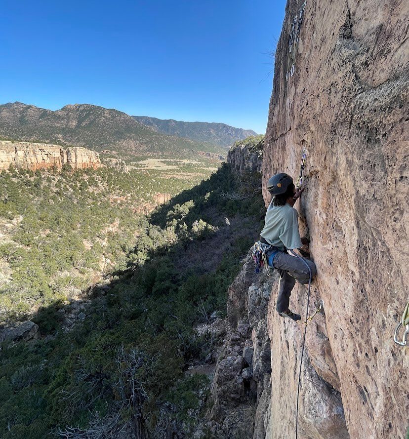 A student rock climbing above a canyon landscape