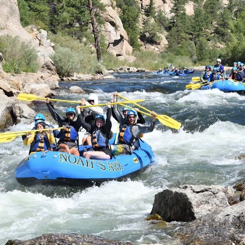 A rafting crew paddling through whitewater rapids
